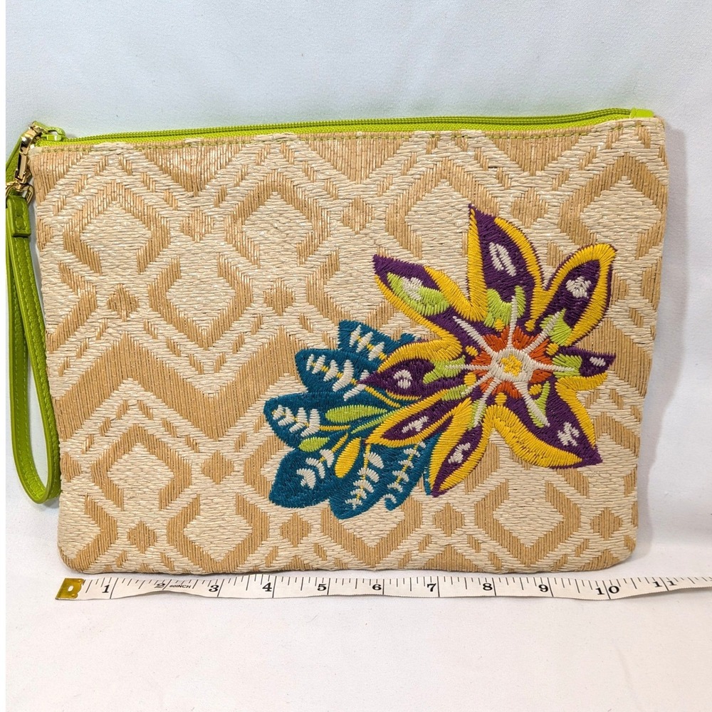 Vera Bradley Tan Wristlet; Embroidered Straw Geometric Pouch